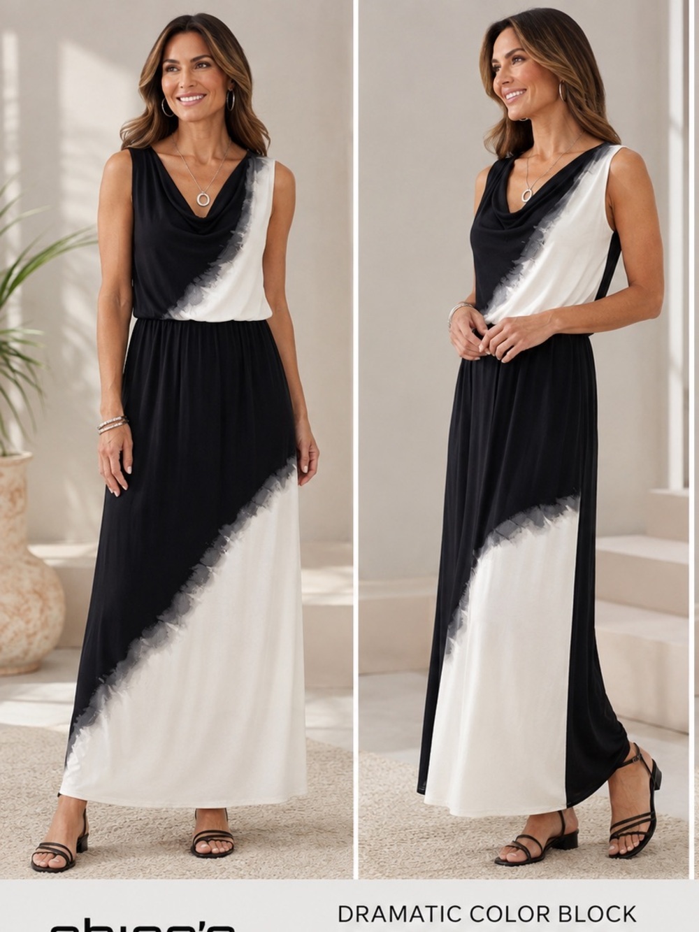 Chico’s Black Ecru Color Block Drape Neck Maxi Dress Size US 12/14 NWT